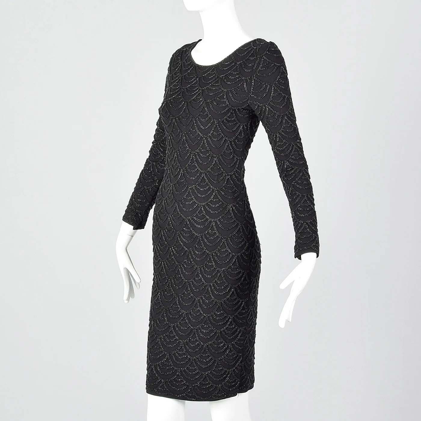 1990s Carmen Marc Valvo Black Knit Dress with Beading