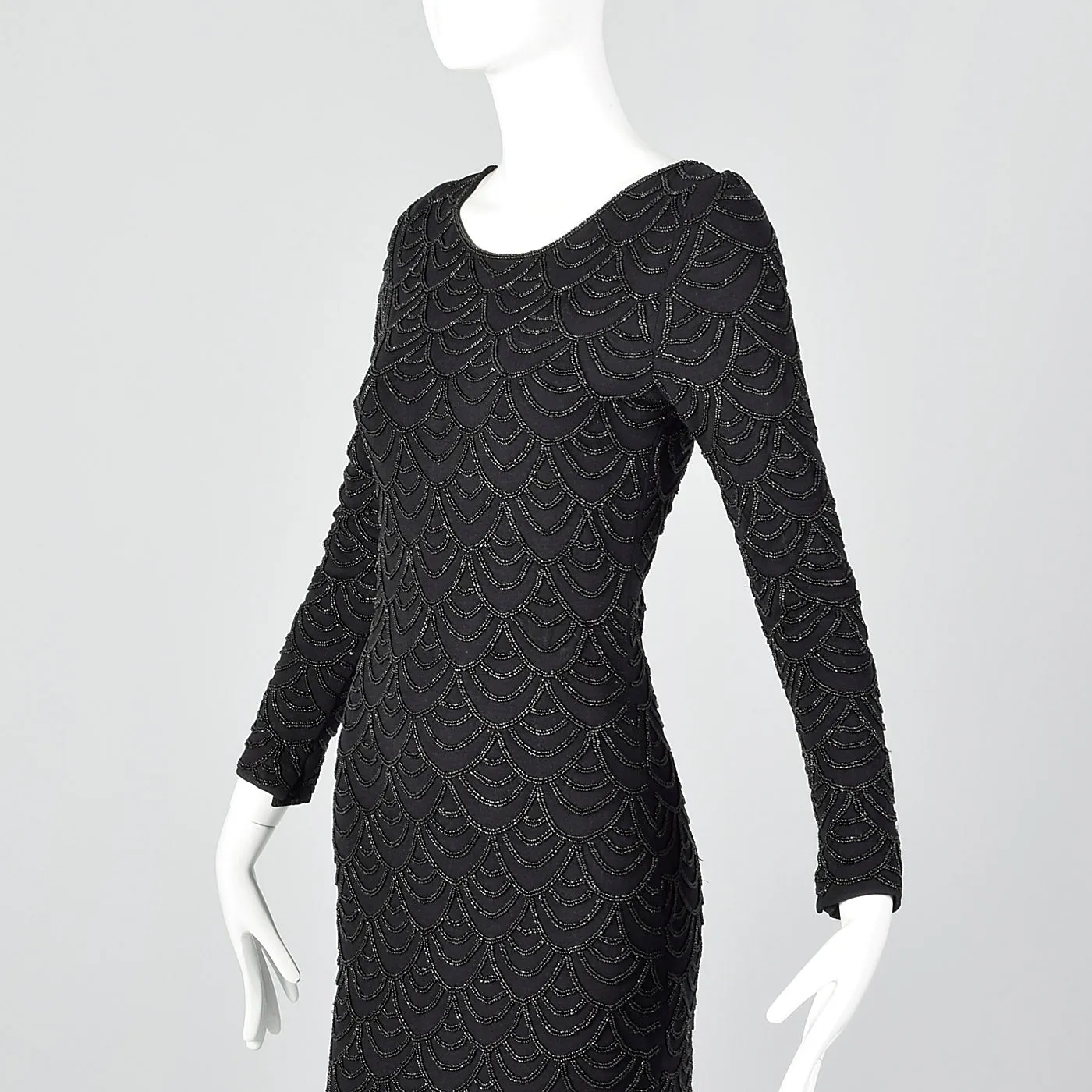 1990s Carmen Marc Valvo Black Knit Dress with Beading