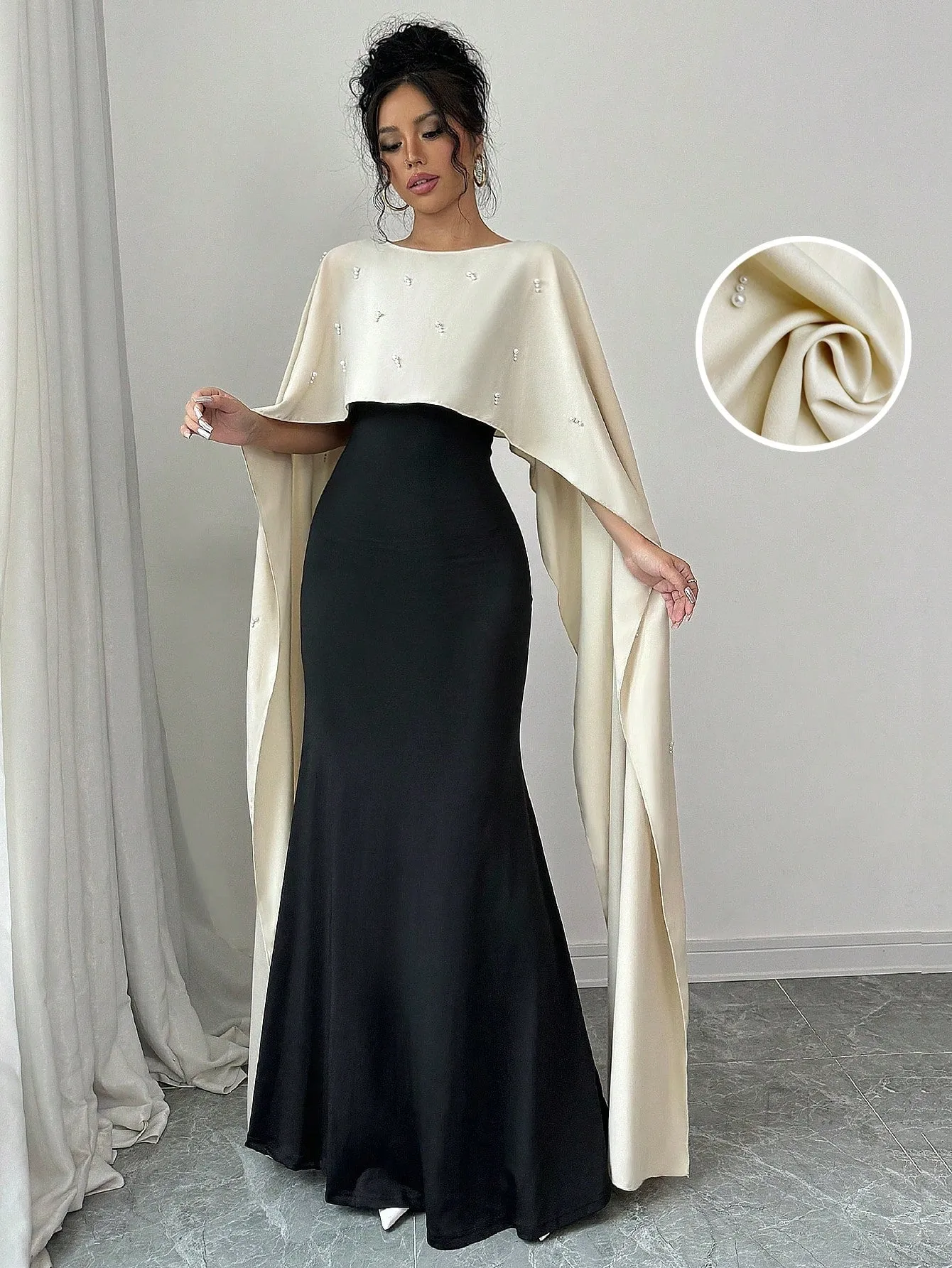 2-In-1 Splice Poncho & Beaded Accent Splice Dress Maxi Women Outfit