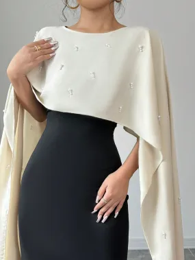 2-In-1 Splice Poncho & Beaded Accent Splice Dress Maxi Women Outfit