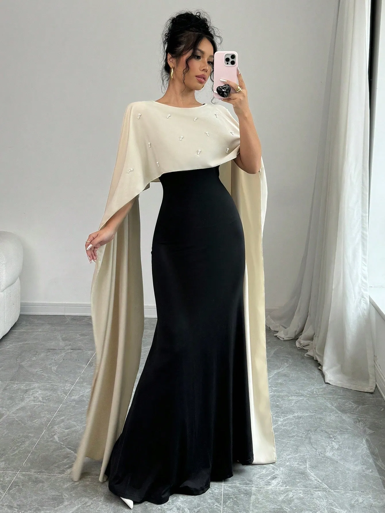 2-In-1 Splice Poncho & Beaded Accent Splice Dress Maxi Women Outfit