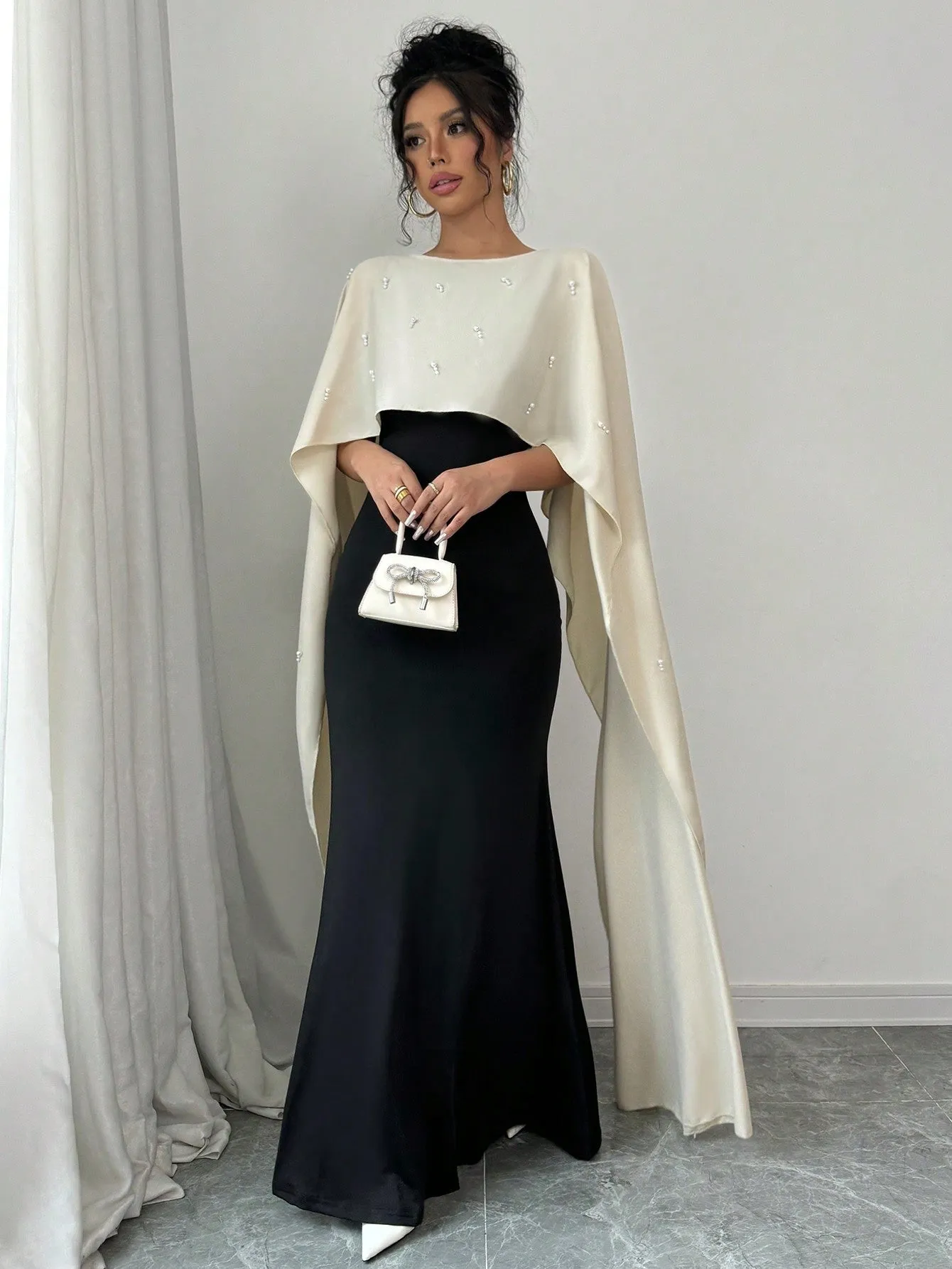 2-In-1 Splice Poncho & Beaded Accent Splice Dress Maxi Women Outfit