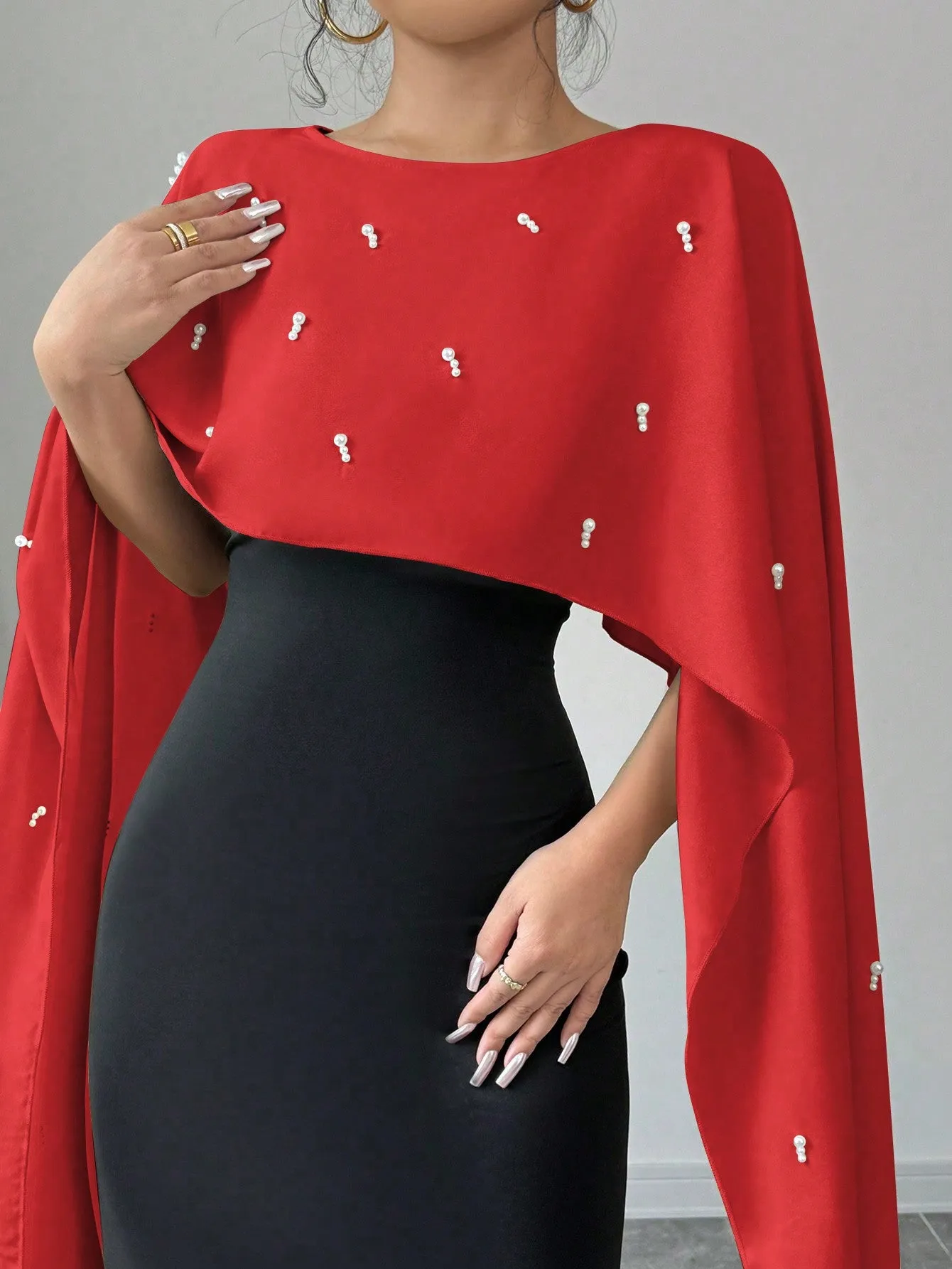 2-In-1 Splice Poncho & Beaded Accent Splice Dress Maxi Women Outfit