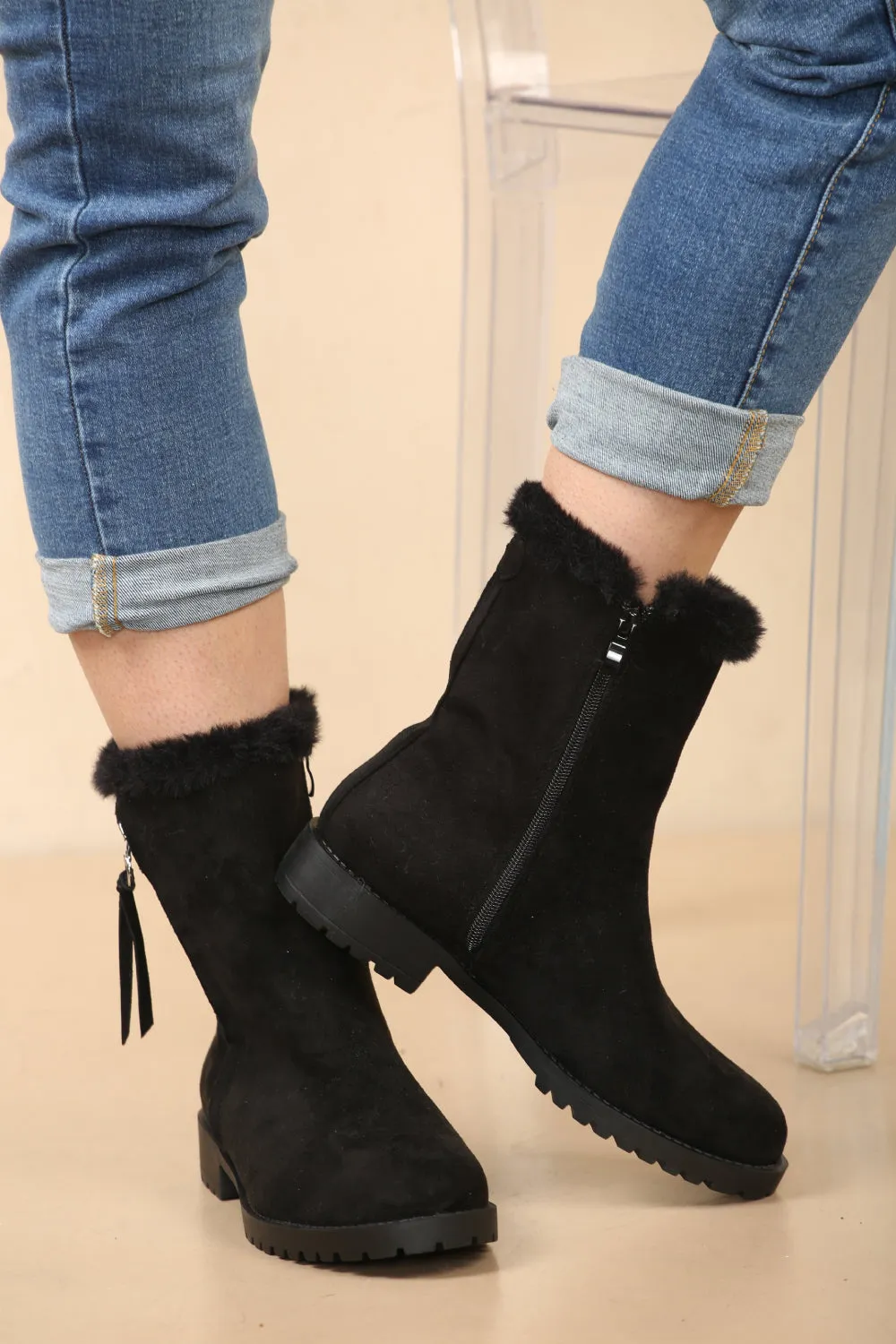 Black Suede Fur Collar Ankle Boots