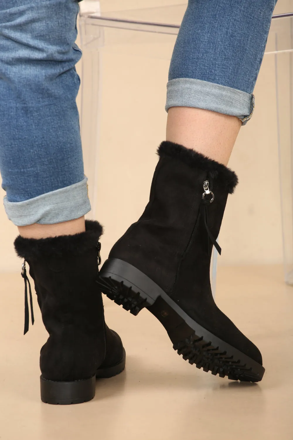 Black Suede Fur Collar Ankle Boots