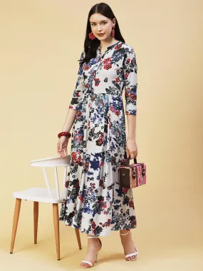 Floral Printed Paneled Maxi Dress - Grey
