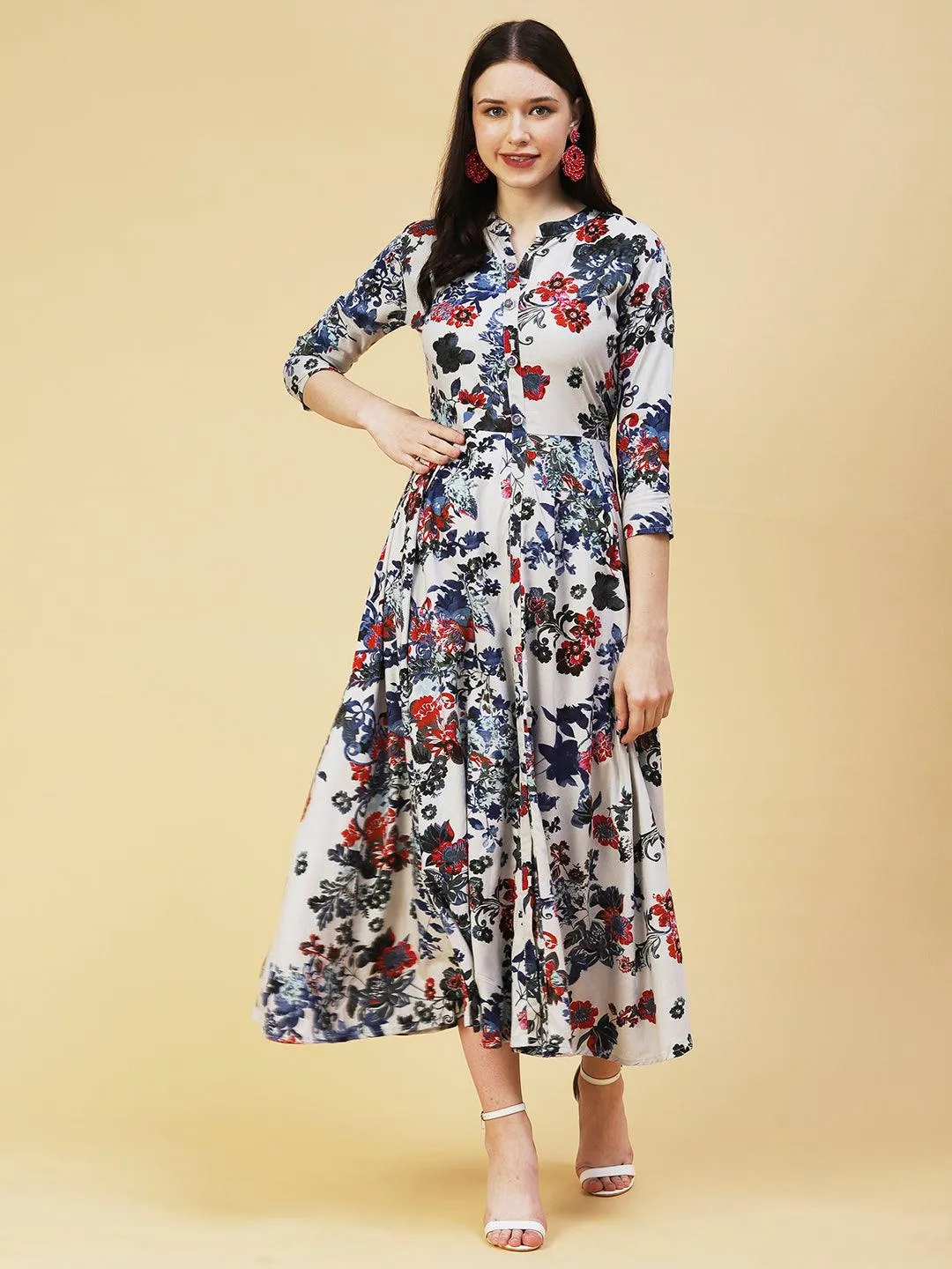 Floral Printed Paneled Maxi Dress - Grey