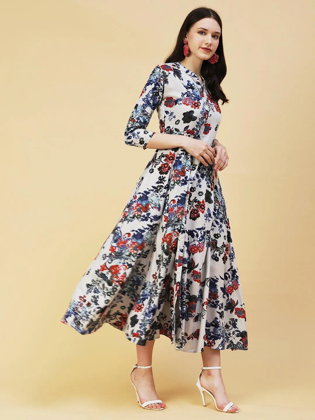 Floral Printed Paneled Maxi Dress - Grey