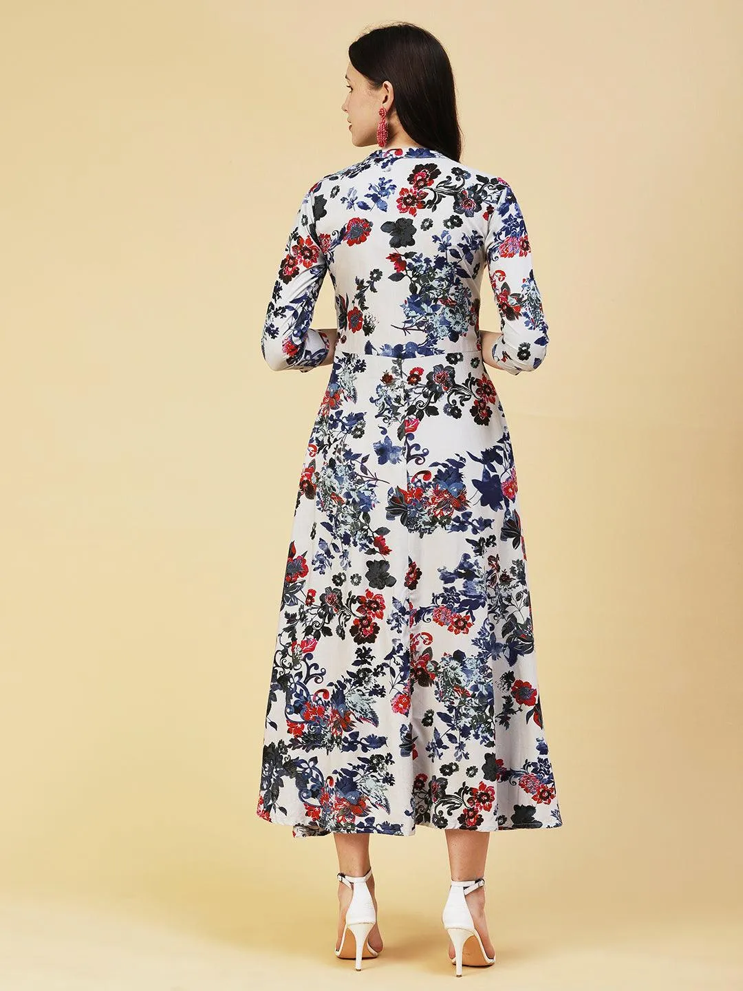 Floral Printed Paneled Maxi Dress - Grey