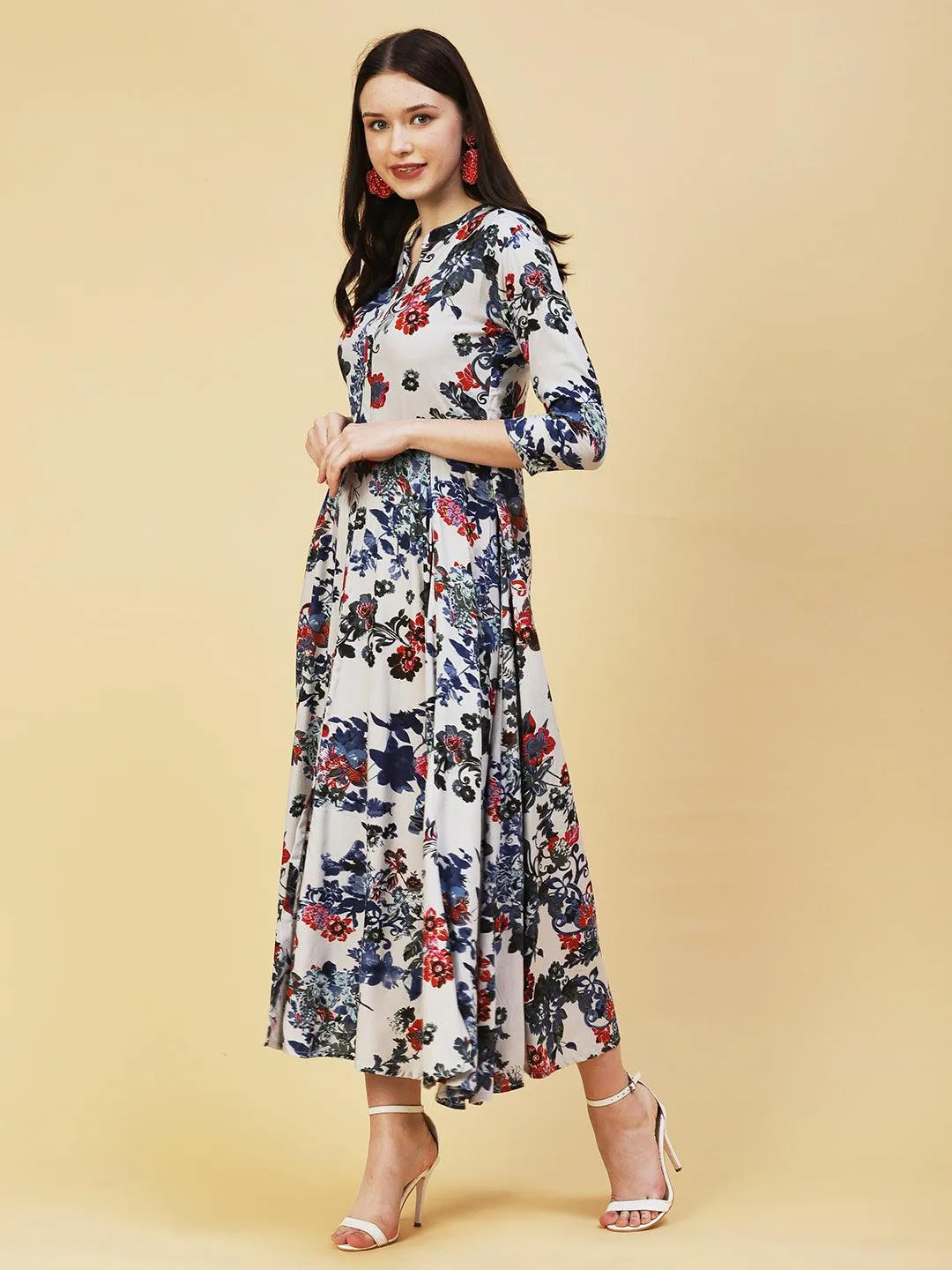 Floral Printed Paneled Maxi Dress - Grey