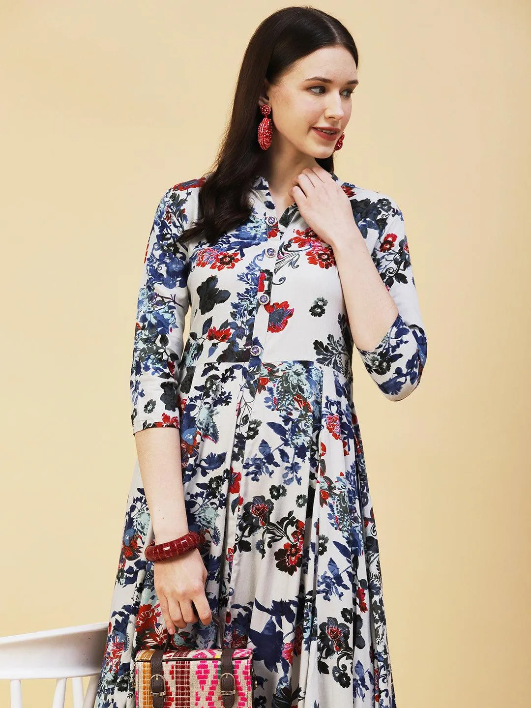 Floral Printed Paneled Maxi Dress - Grey