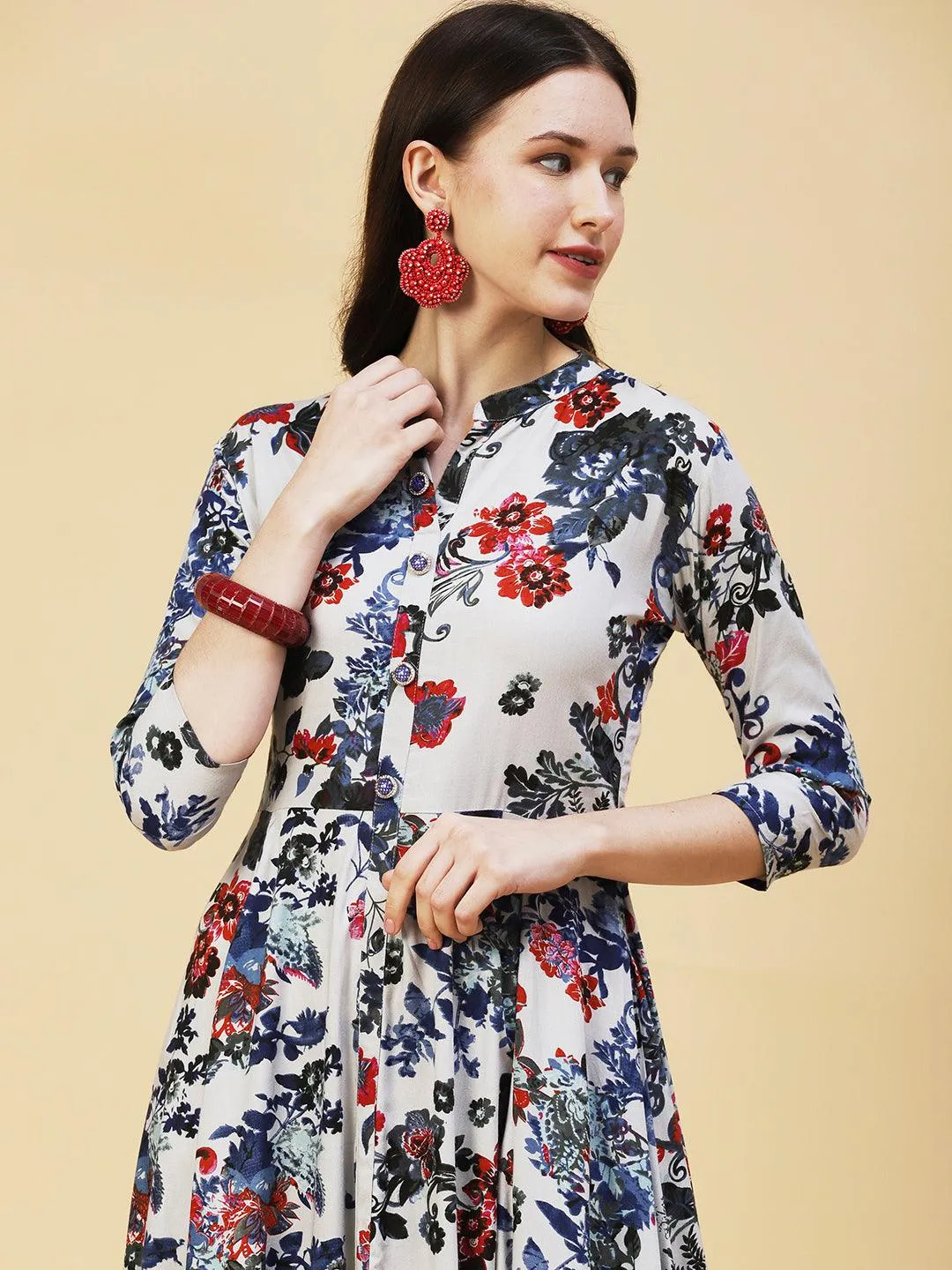 Floral Printed Paneled Maxi Dress - Grey