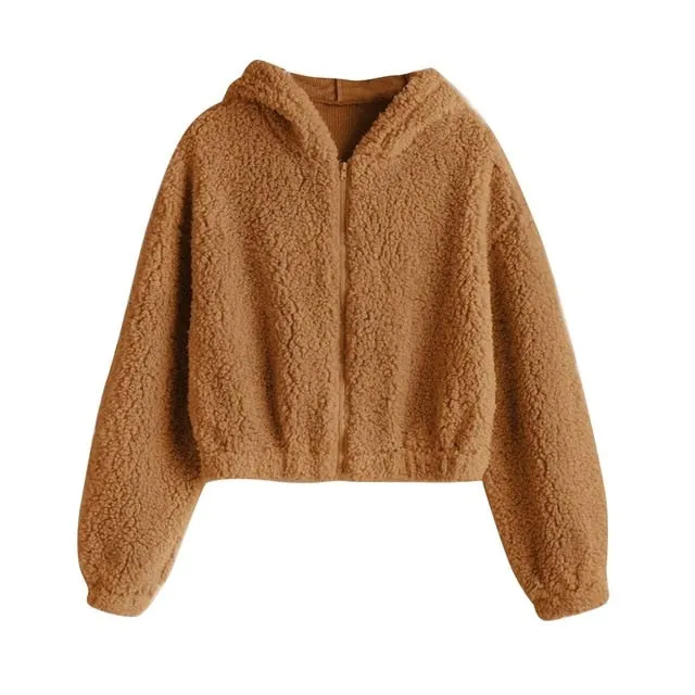 Fluffy Hooded Cropped Zip Up Jacket