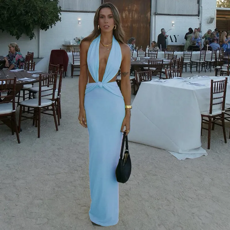 Joskaa jester dress to impress 2024 Summer Women's New Fashion Solid Color Fresh Street Deep V Backless Lace-up Halter Dress