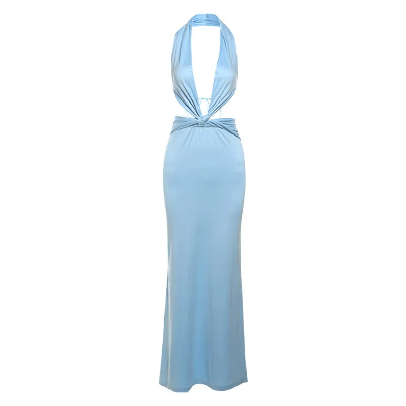 Joskaa jester dress to impress 2024 Summer Women's New Fashion Solid Color Fresh Street Deep V Backless Lace-up Halter Dress