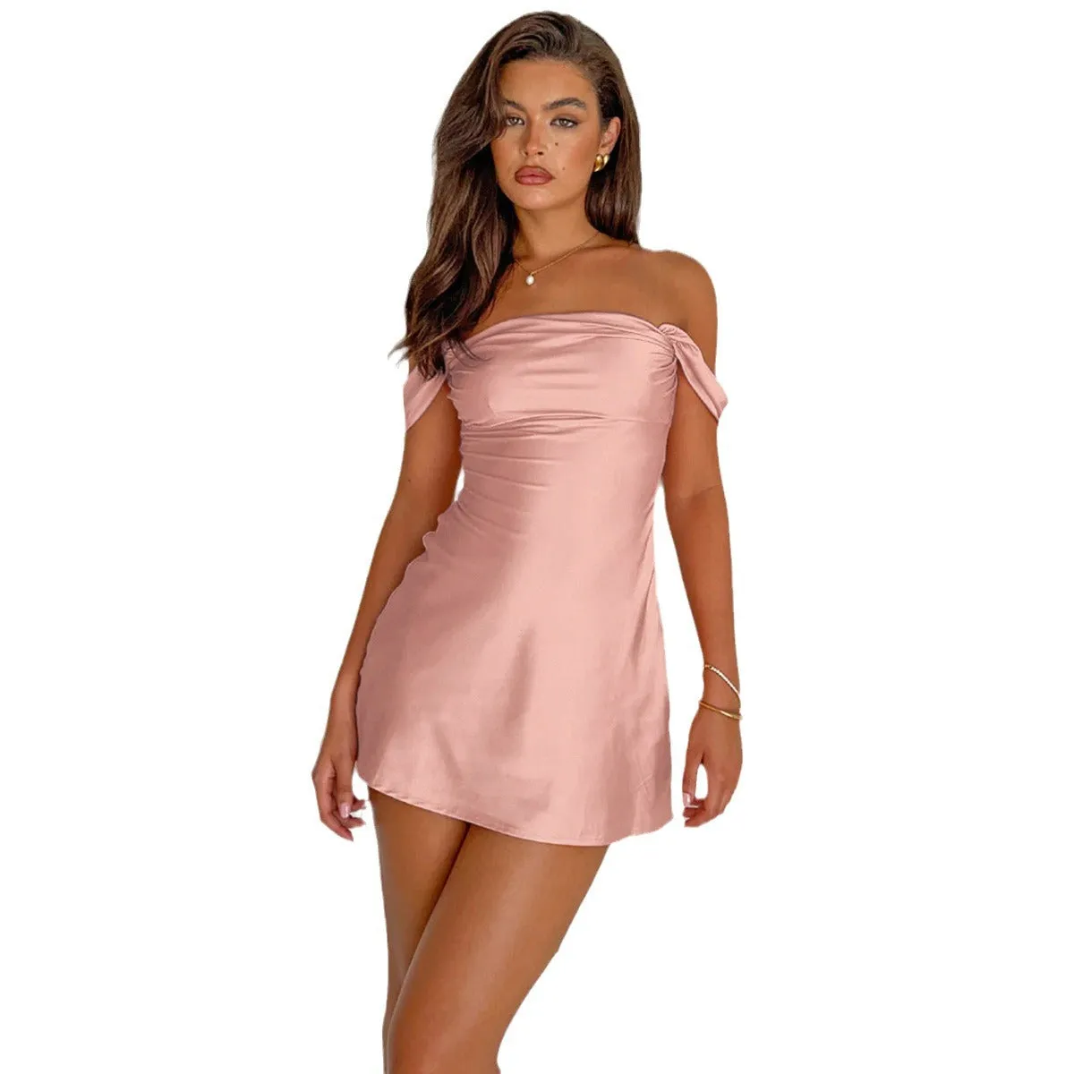 Joskaa off shoulder 2024 Summer Hot Selling off-Shoulder Dress New Pleated Raglan Sleeve Sexy Backless Skirt