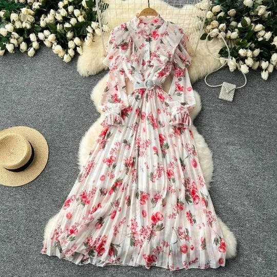 Joskaa pop culture dress to impress French Style High-Grade Printed Chiffon Dress Women's Ruffled Stitching Waist Slimming Elegant Pleated Dress