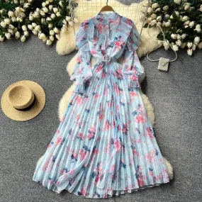 Joskaa pop culture dress to impress French Style High-Grade Printed Chiffon Dress Women's Ruffled Stitching Waist Slimming Elegant Pleated Dress