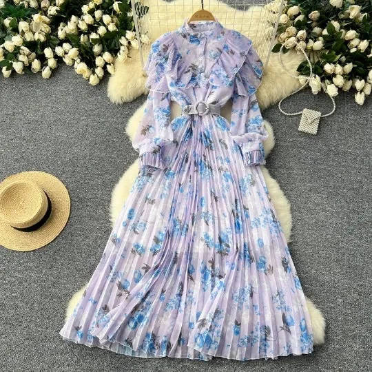 Joskaa pop culture dress to impress French Style High-Grade Printed Chiffon Dress Women's Ruffled Stitching Waist Slimming Elegant Pleated Dress