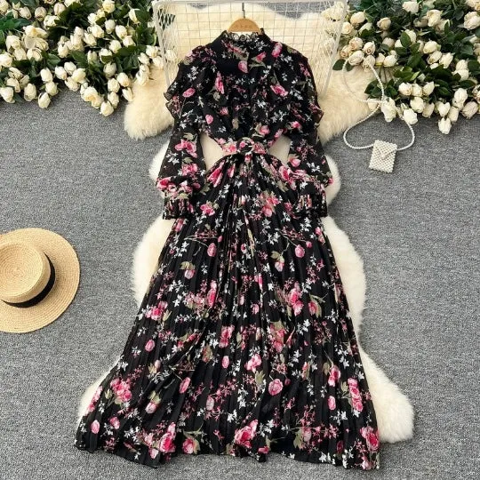 Joskaa pop culture dress to impress French Style High-Grade Printed Chiffon Dress Women's Ruffled Stitching Waist Slimming Elegant Pleated Dress