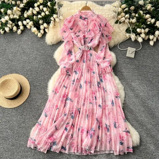 Joskaa pop culture dress to impress French Style High-Grade Printed Chiffon Dress Women's Ruffled Stitching Waist Slimming Elegant Pleated Dress