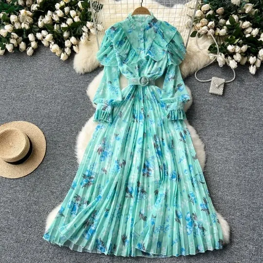 Joskaa pop culture dress to impress French Style High-Grade Printed Chiffon Dress Women's Ruffled Stitching Waist Slimming Elegant Pleated Dress