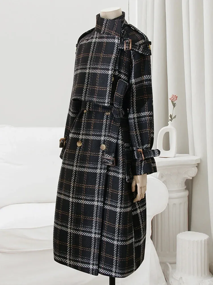Long Loose Warm Plaid Wool Blends Trench Coat