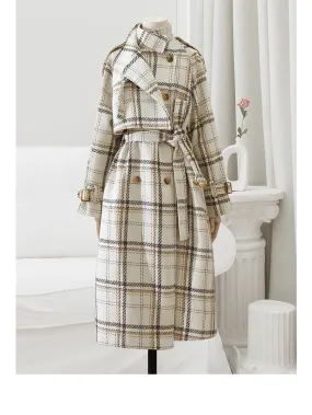 Long Loose Warm Plaid Wool Blends Trench Coat