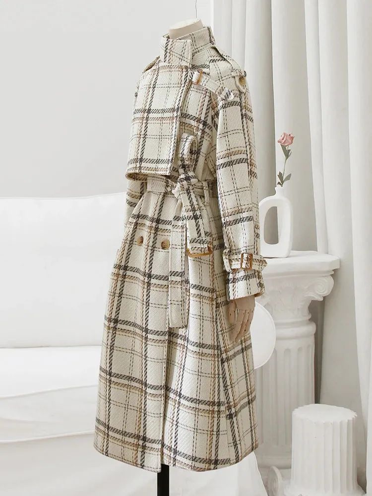 Long Loose Warm Plaid Wool Blends Trench Coat