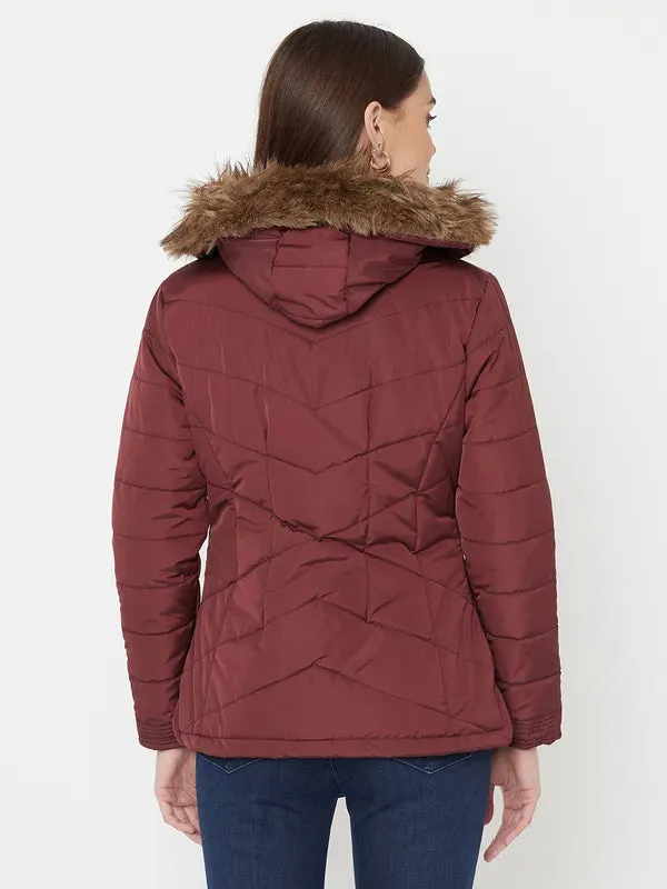 Mettle Women Maroon Full Sleeve Parka Jacket