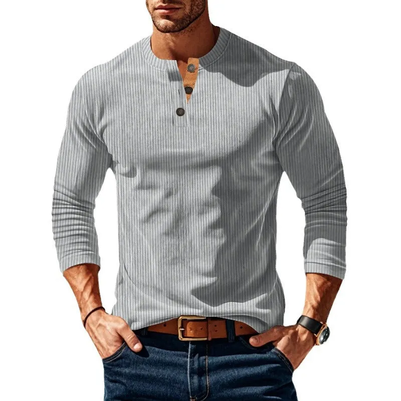 Nukty-shop Autumn and Winter Long-Sleeved T-shirt Bottoming Shirt Four-Button Corduroy Slim Men's Henley Shirt