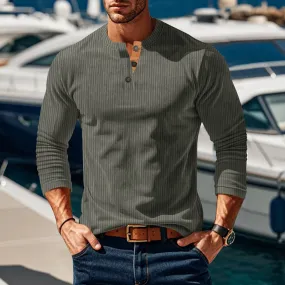 Nukty-shop Autumn and Winter Long-Sleeved T-shirt Bottoming Shirt Four-Button Corduroy Slim Men's Henley Shirt