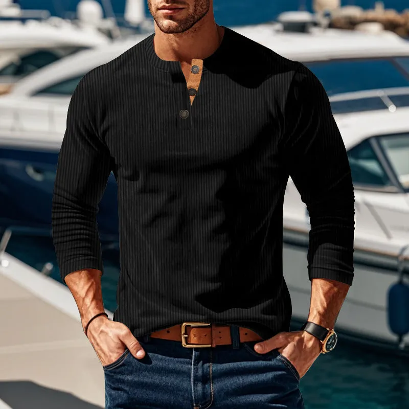 Nukty-shop Autumn and Winter Long-Sleeved T-shirt Bottoming Shirt Four-Button Corduroy Slim Men's Henley Shirt