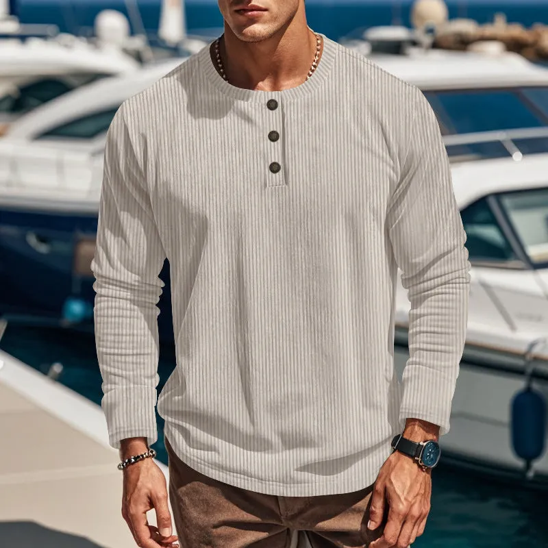 Nukty-shop Autumn and Winter Long-Sleeved T-shirt Bottoming Shirt Four-Button Corduroy Slim Men's Henley Shirt