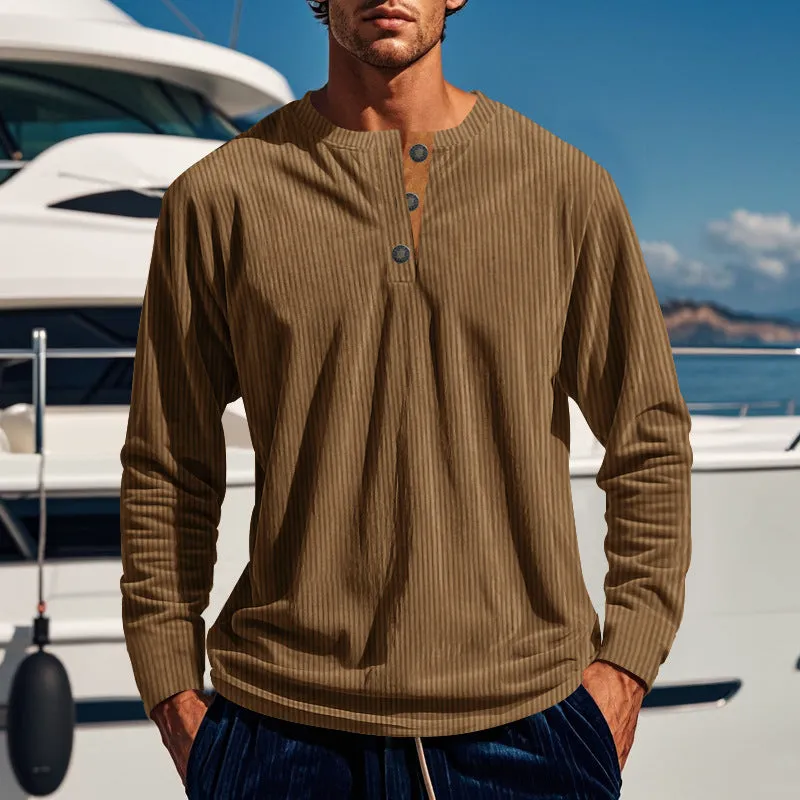 Nukty-shop Autumn and Winter Long-Sleeved T-shirt Bottoming Shirt Four-Button Corduroy Slim Men's Henley Shirt