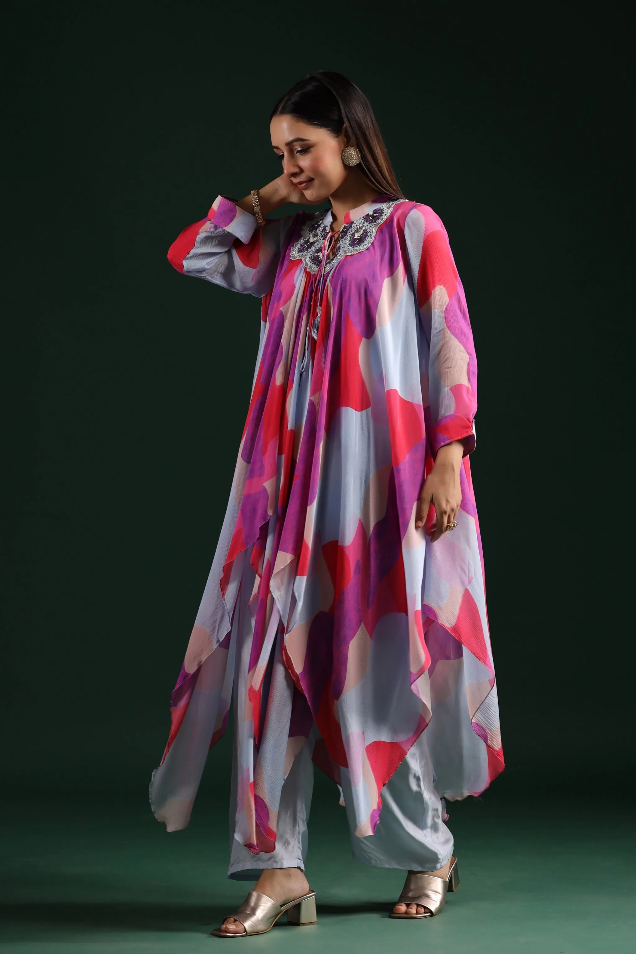 Powder Blue Abstract Printed Chinon Silk Pants Set