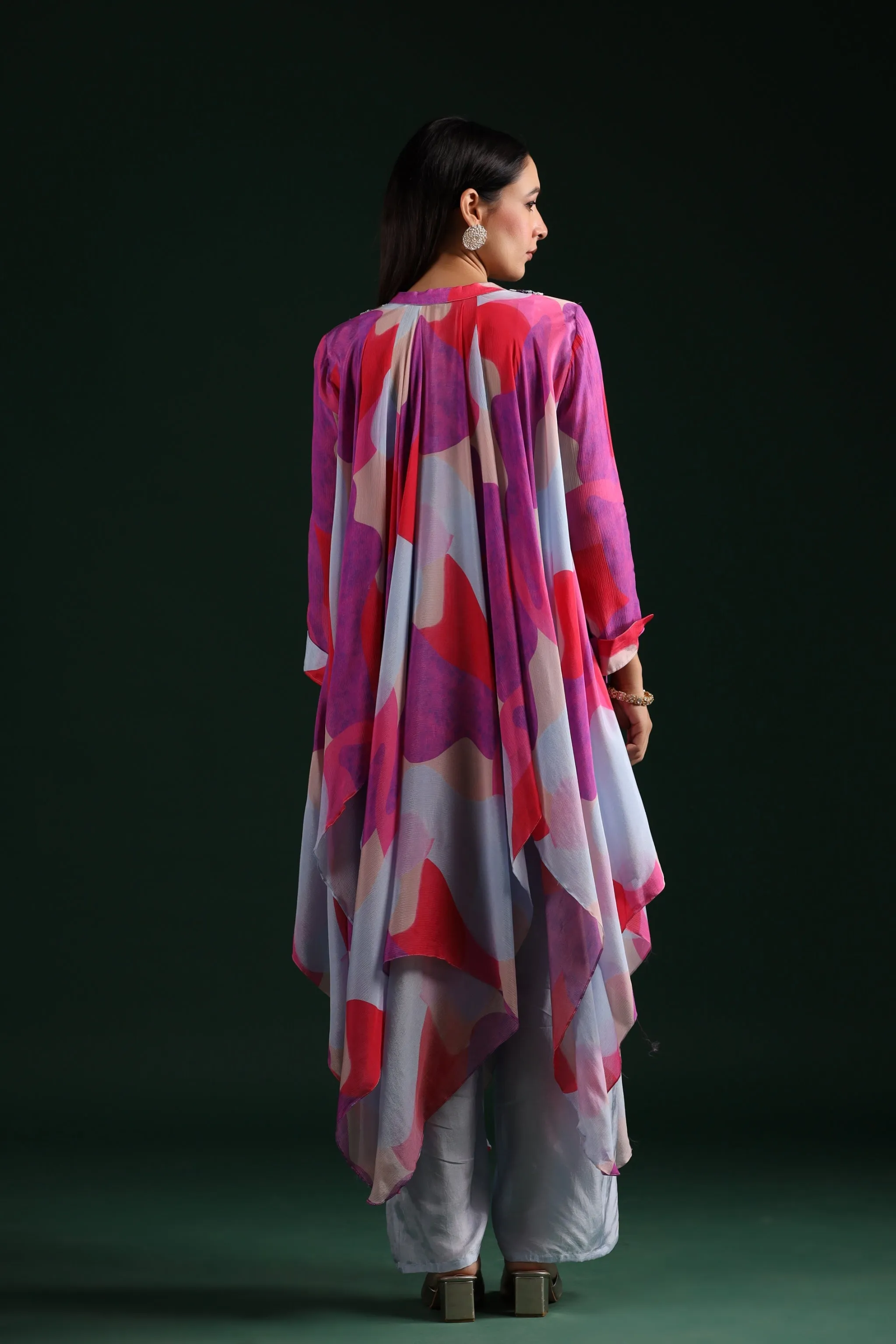 Powder Blue Abstract Printed Chinon Silk Pants Set
