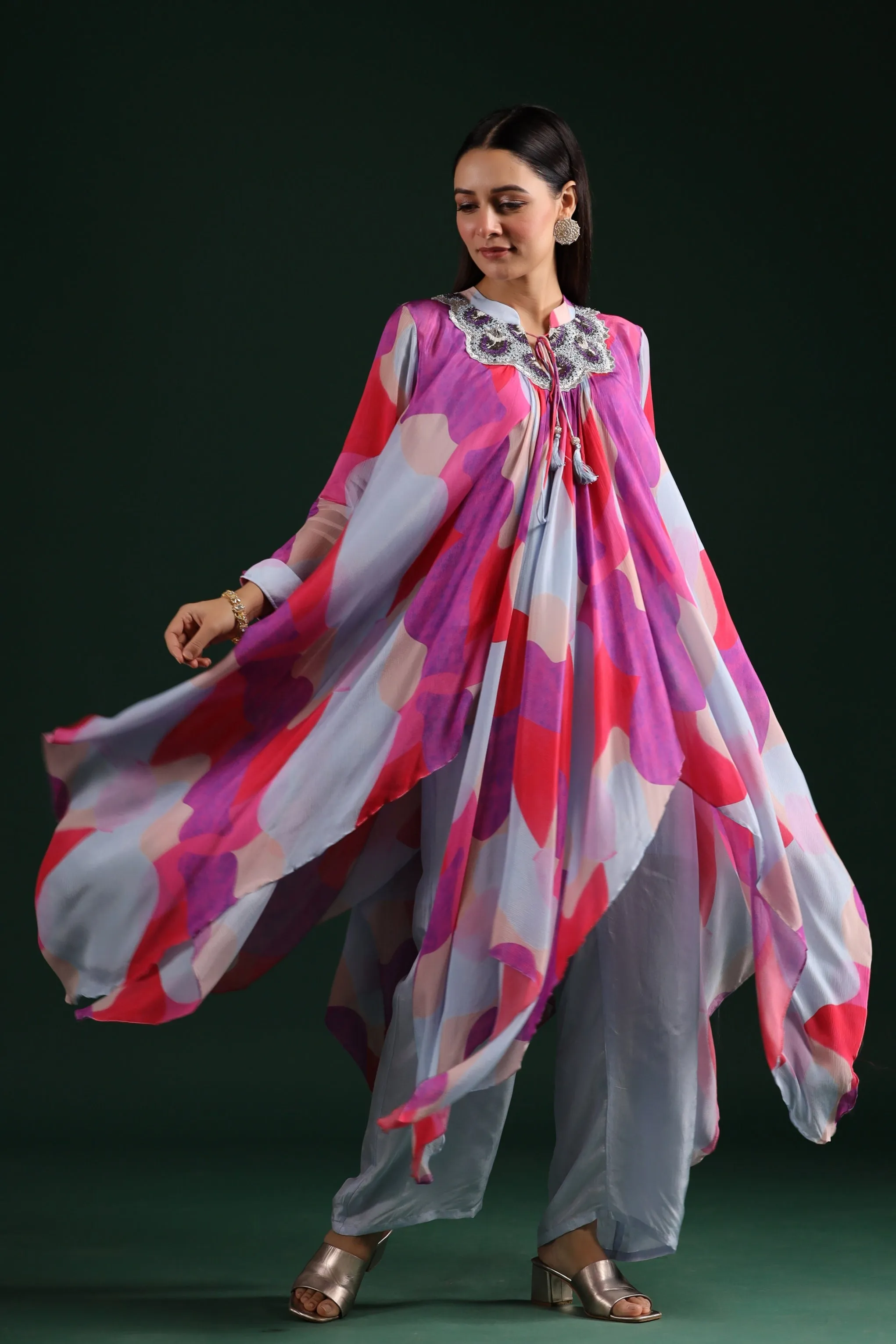 Powder Blue Abstract Printed Chinon Silk Pants Set