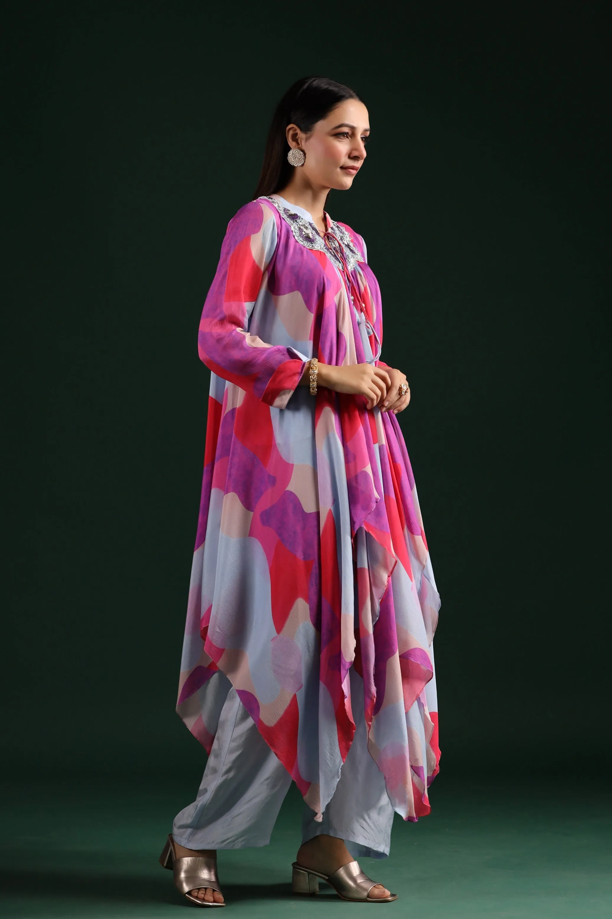 Powder Blue Abstract Printed Chinon Silk Pants Set