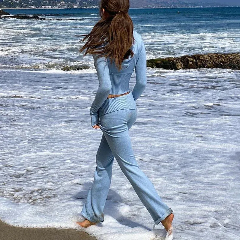 Sexy Women Tracksuit Long Sleeve Zipper Hooded Crop Sweater Skinny Pants Suit Y2K Knitted Sweatshirt 2 Piece Sets 2023 Spring