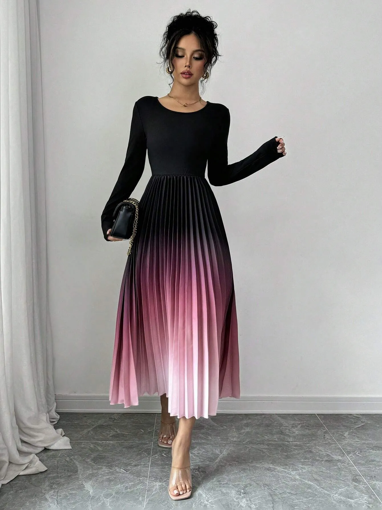SHEIN Elenzga Ombre Color Elegant Dress With Burn-Out Pleated Design, Sexy Women Maxi Women Outfit