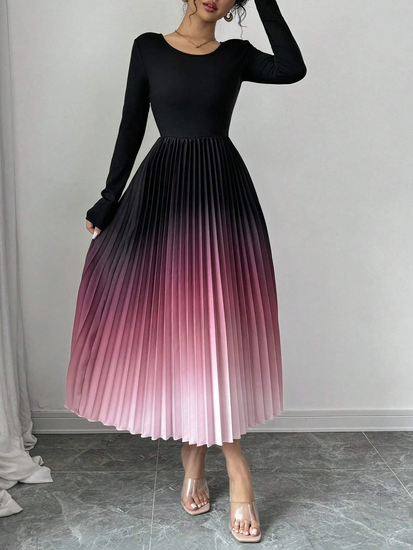 SHEIN Elenzga Ombre Color Elegant Dress With Burn-Out Pleated Design, Sexy Women Maxi Women Outfit