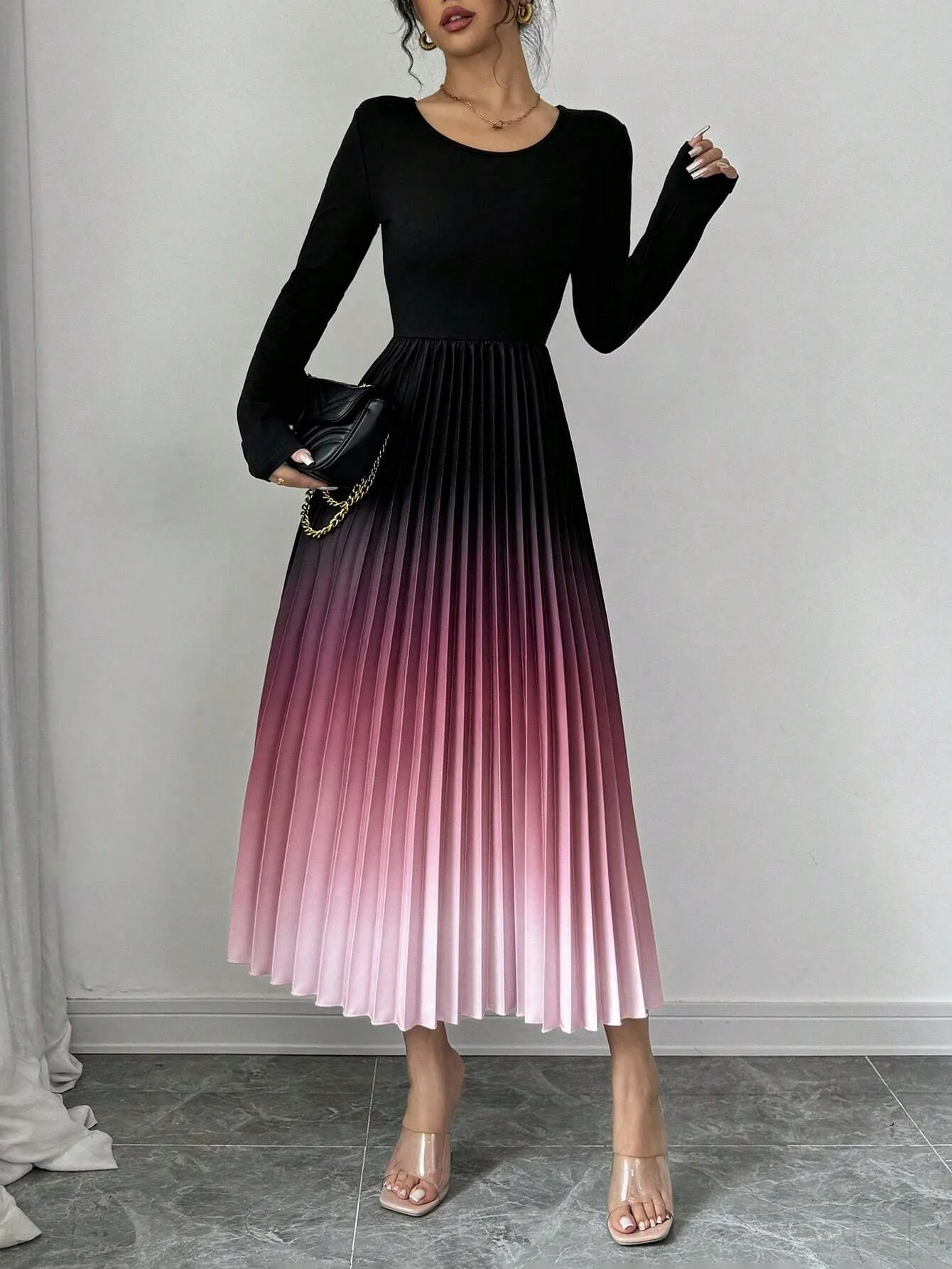 SHEIN Elenzga Ombre Color Elegant Dress With Burn-Out Pleated Design, Sexy Women Maxi Women Outfit