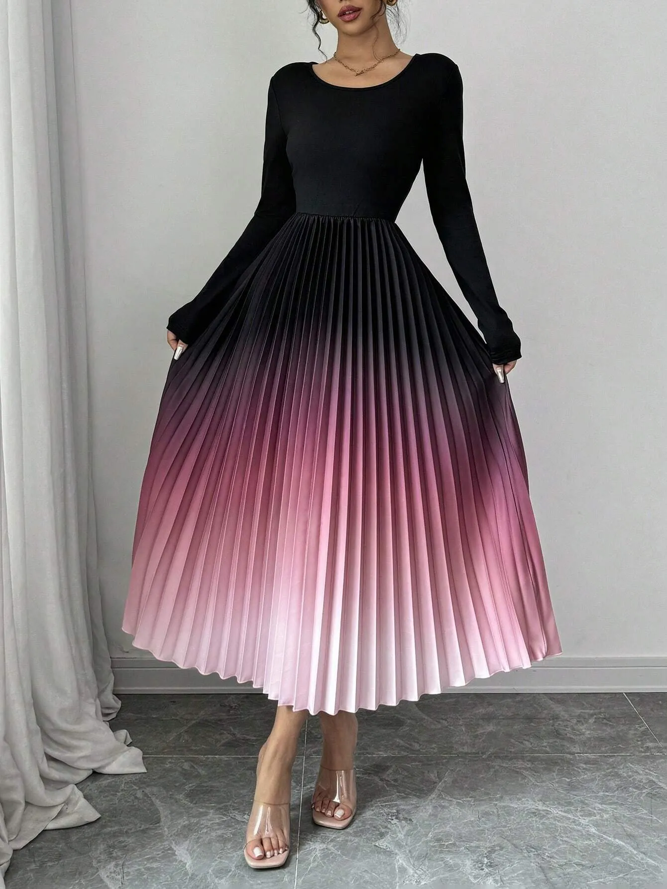 SHEIN Elenzga Ombre Color Elegant Dress With Burn-Out Pleated Design, Sexy Women Maxi Women Outfit