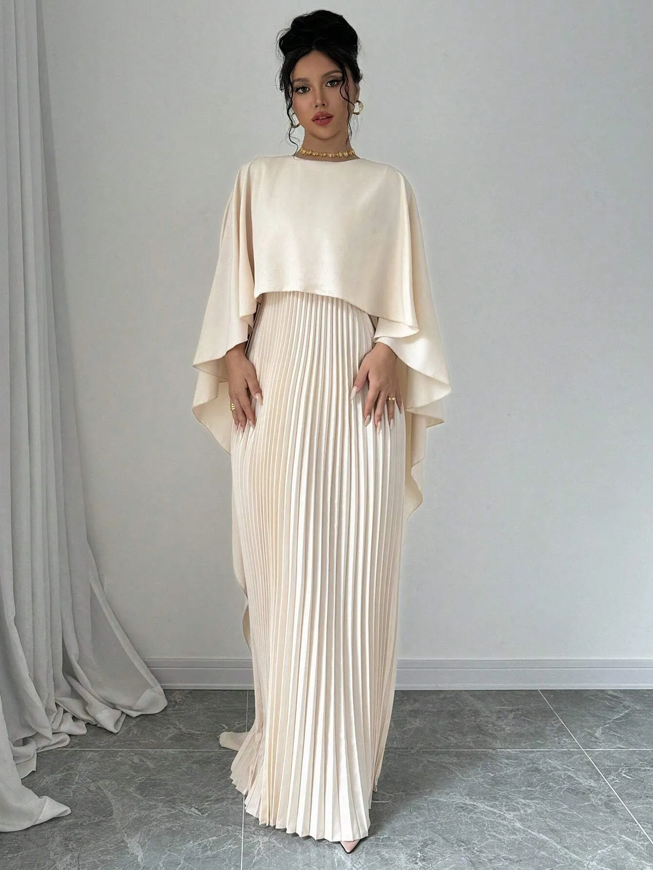 SHEIN Elenzga Women Elegant Solid Color Minimalist Casual Poncho Sleeve Dress Maxi Women Outfit