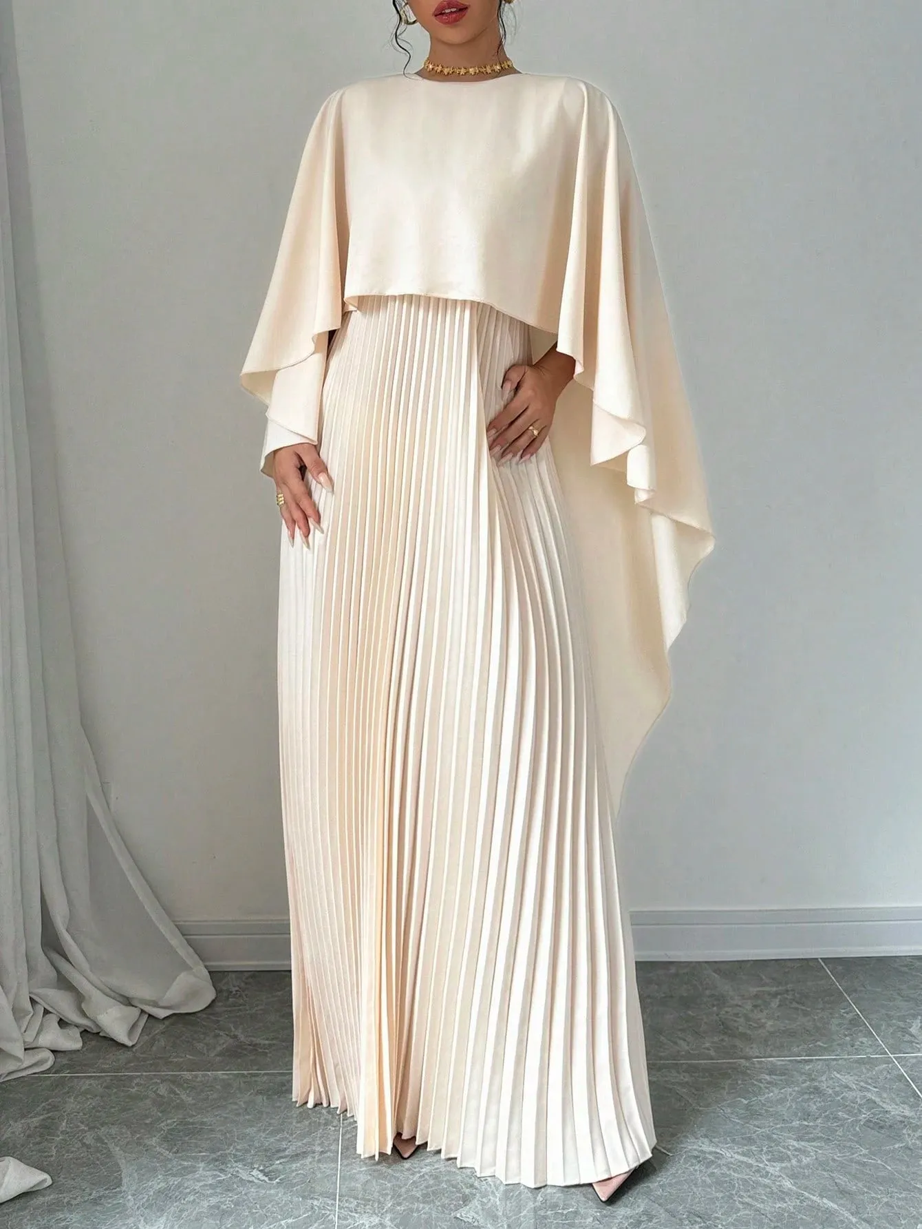 SHEIN Elenzga Women Elegant Solid Color Minimalist Casual Poncho Sleeve Dress Maxi Women Outfit
