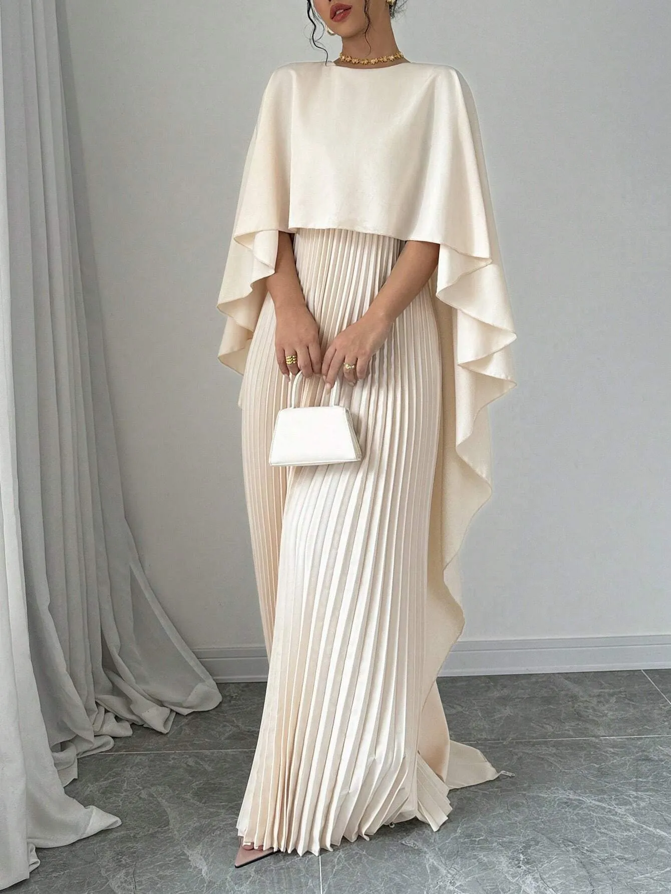 SHEIN Elenzga Women Elegant Solid Color Minimalist Casual Poncho Sleeve Dress Maxi Women Outfit
