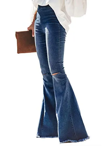 Sidefeel Women Destoryed Flare Jeans Elastic Waist Bell Bottom Tassel Denim Pants Large Sky Blue
