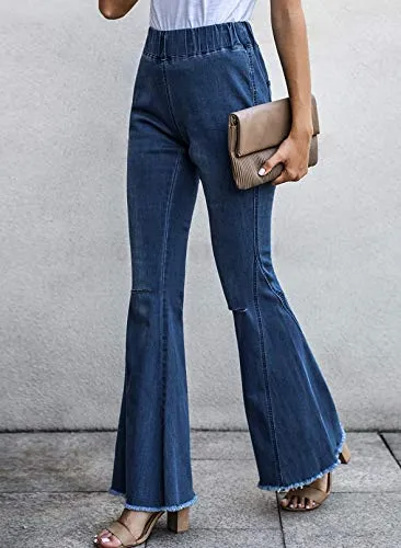 Sidefeel Women Destoryed Flare Jeans Elastic Waist Bell Bottom Tassel Denim Pants Large Sky Blue