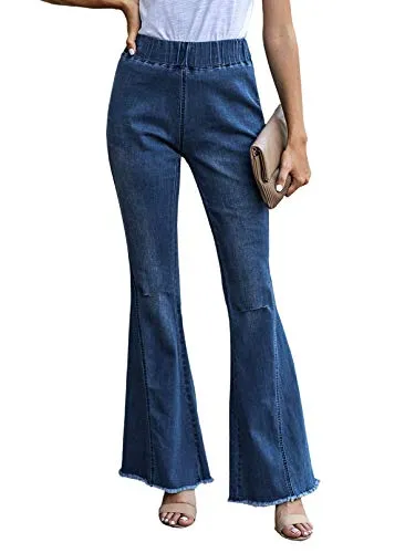 Sidefeel Women Destoryed Flare Jeans Elastic Waist Bell Bottom Tassel Denim Pants Large Sky Blue